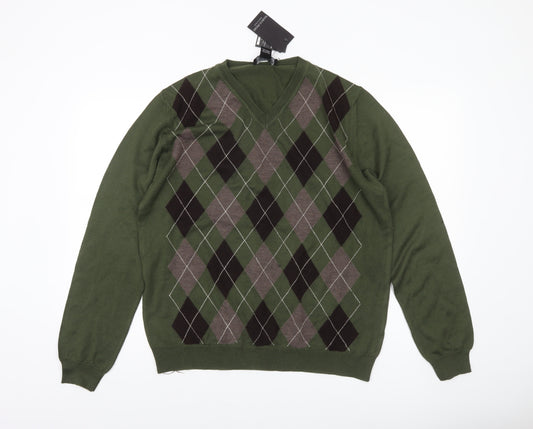 Marco Fiori Men's Green Argyle Merino Wool V-Neck Jumper Size L