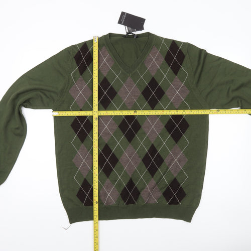 Marco Fiori Men's Green Argyle Merino Wool V-Neck Jumper Size L