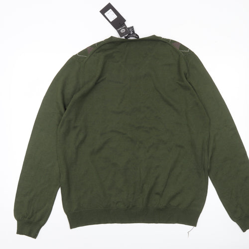 Marco Fiori Men's Green Argyle Merino Wool V-Neck Jumper Size L
