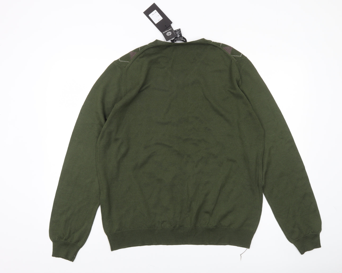 Marco Fiori Men's Green Argyle Merino Wool V-Neck Jumper Size L