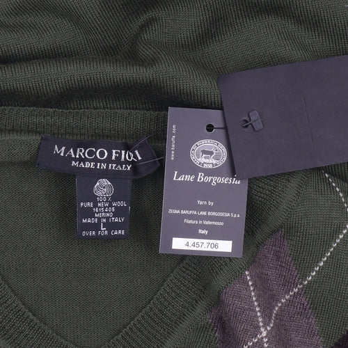 Marco Fiori Men's Green Argyle Merino Wool V-Neck Jumper Size L