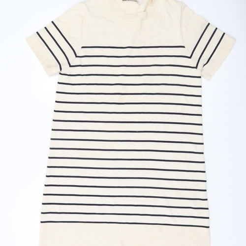 ZARA Women Beige Striped T-Shirt Dress Size 14 Short Sleeve