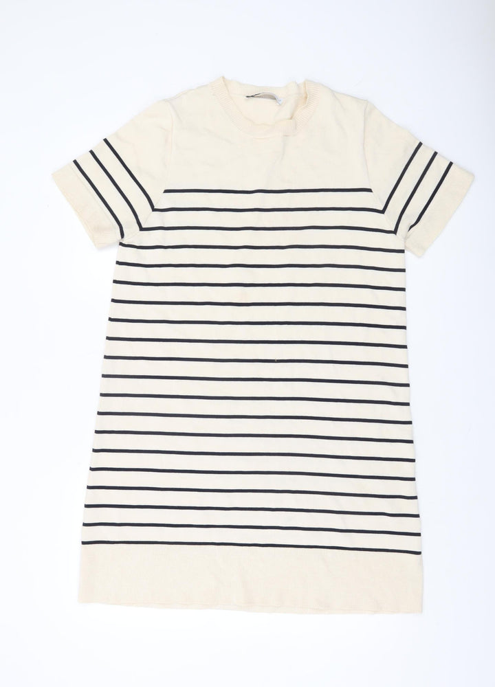 ZARA Women Beige Striped T-Shirt Dress Size 14 Short Sleeve