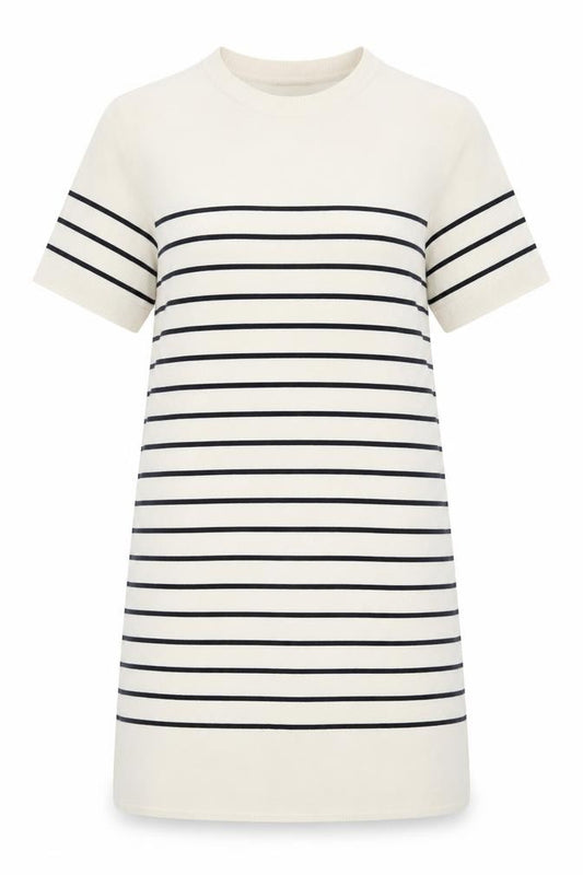Front view of Zara Women Beige Striped T-Shirt Dress, size 14, Short Sleeve