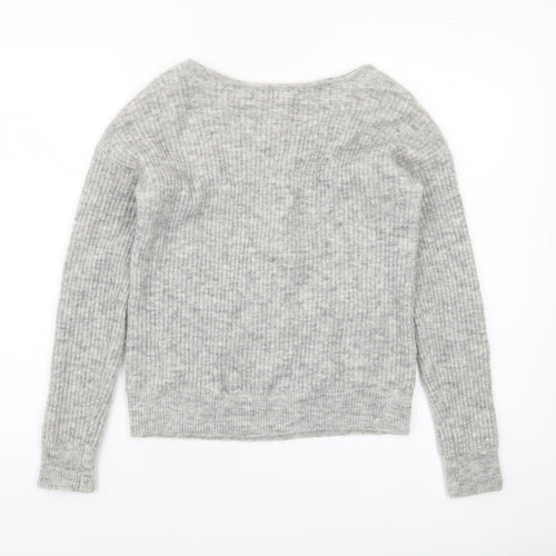 Mint Velvet Womens Grey V-Neck Rib-Knit Lace-Up Bow Jumper XS