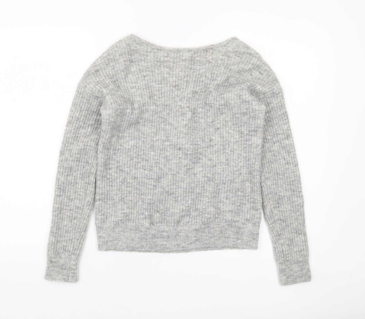 Mint Velvet Womens Grey V-Neck Rib-Knit Lace-Up Bow Jumper XS