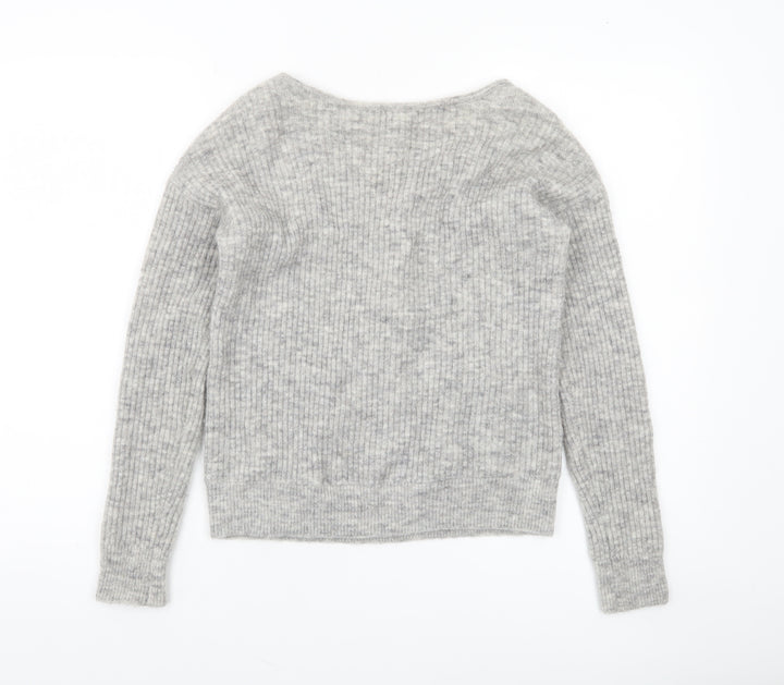 Mint Velvet Womens Grey V-Neck Rib-Knit Lace-Up Bow Jumper XS