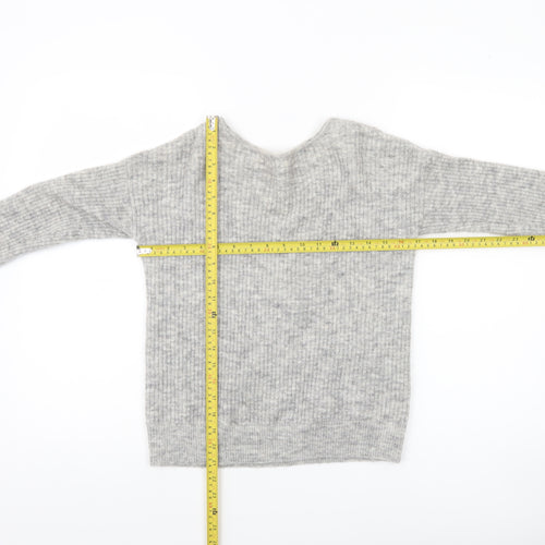 Mint Velvet Womens Grey V-Neck Rib-Knit Lace-Up Bow Jumper XS