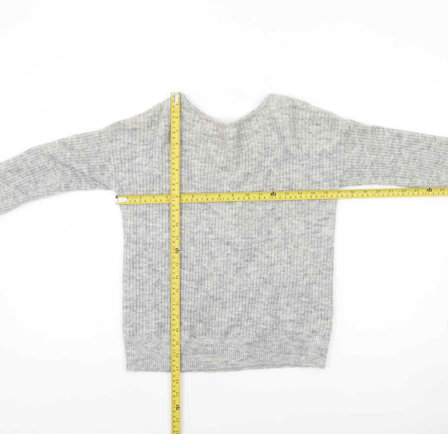 Mint Velvet Womens Grey V-Neck Rib-Knit Lace-Up Bow Jumper XS