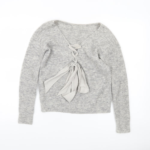 Mint Velvet Womens Grey V-Neck Rib-Knit Lace-Up Bow Jumper XS