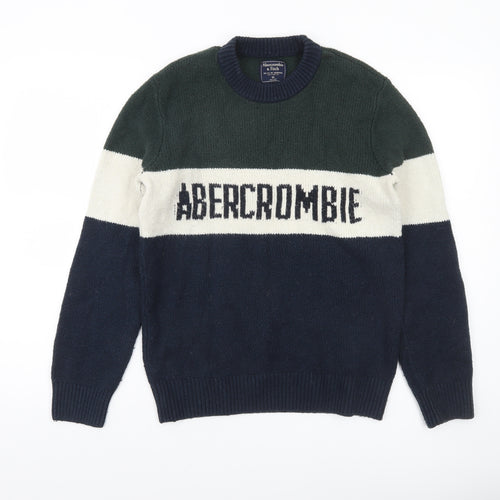 Abercrombie & Fitch Mens Green Navy Cream Crew Neck Pullover Jumper XS