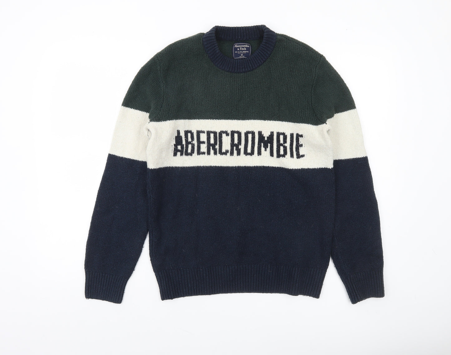 Abercrombie & Fitch Mens Green Navy Cream Crew Neck Pullover Jumper XS