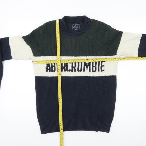 Abercrombie & Fitch Mens Green Navy Cream Crew Neck Pullover Jumper XS