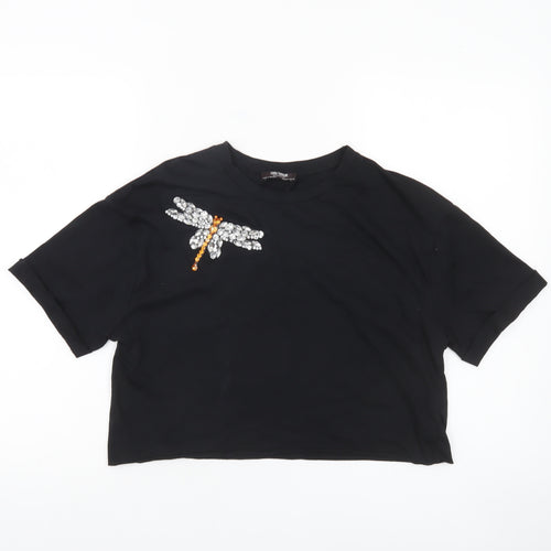 Zara Trafaluc Women's Black Cropped Beaded Dragonfly T-Shirt Size S