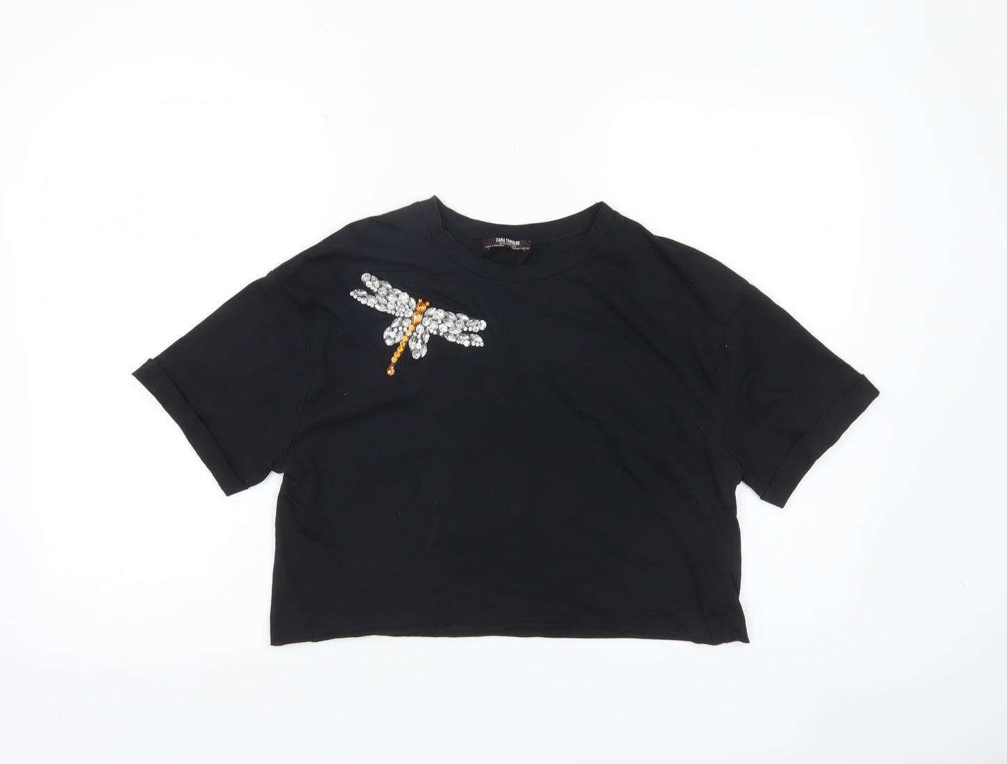 Zara Trafaluc Women's Black Cropped Beaded Dragonfly T-Shirt Size S
