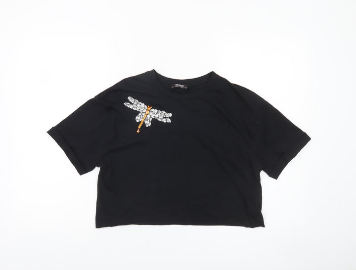 Zara Trafaluc Women's Black Cropped Beaded Dragonfly T-Shirt Size S