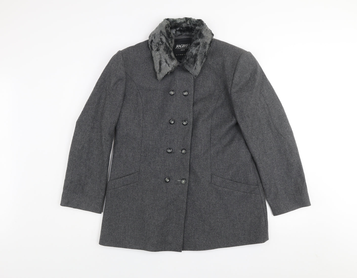 Jocavi Women’s Grey Wool Blend Pea Coat with Faux Fur Collar Size 12