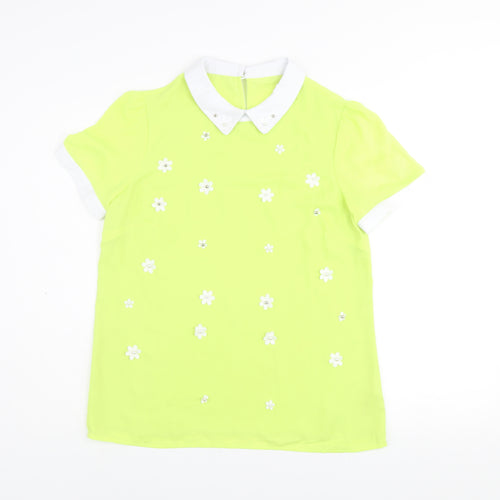 Savida Women's Yellow Floral Collared Short Sleeve Blouse Size 12