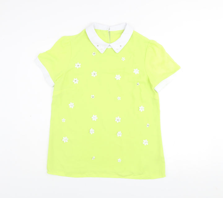 Savida Women's Yellow Floral Collared Short Sleeve Blouse Size 12