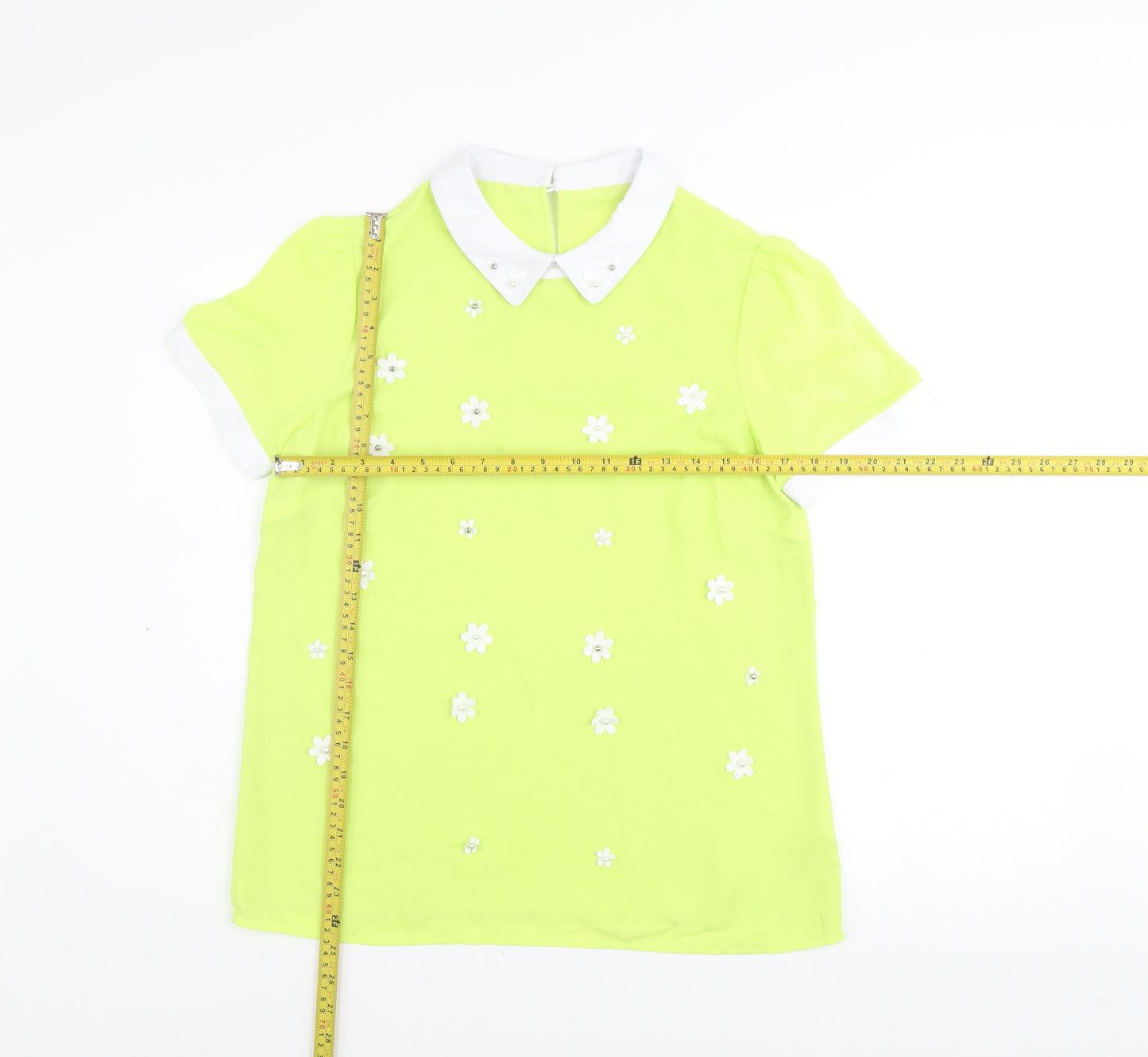 Savida Women's Yellow Floral Collared Short Sleeve Blouse Size 12