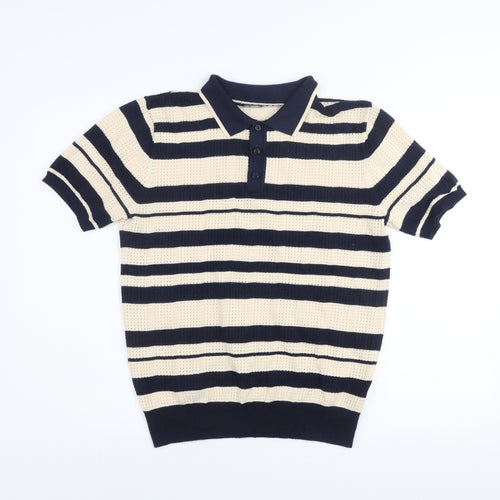 Moncrief London Men's Beige & Navy Striped Knit Polo Shirt Size M