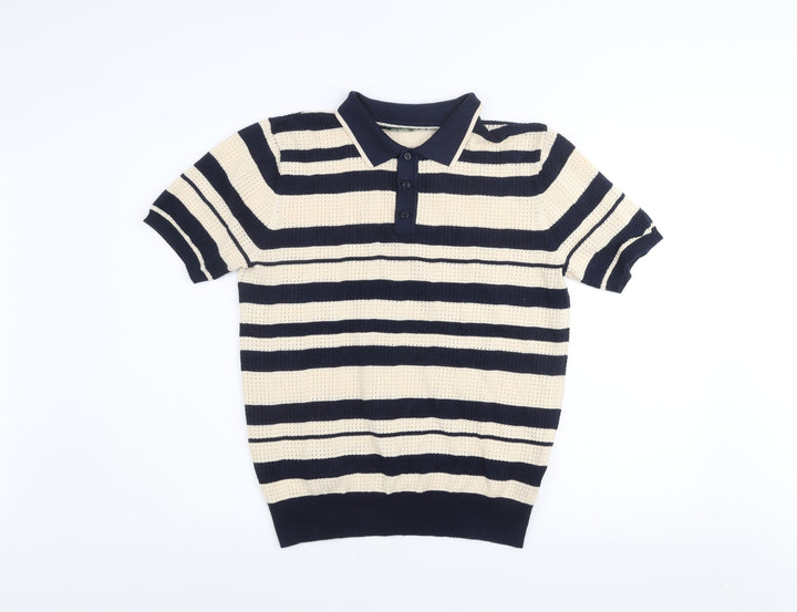 Moncrief London Men's Beige & Navy Striped Knit Polo Shirt Size M