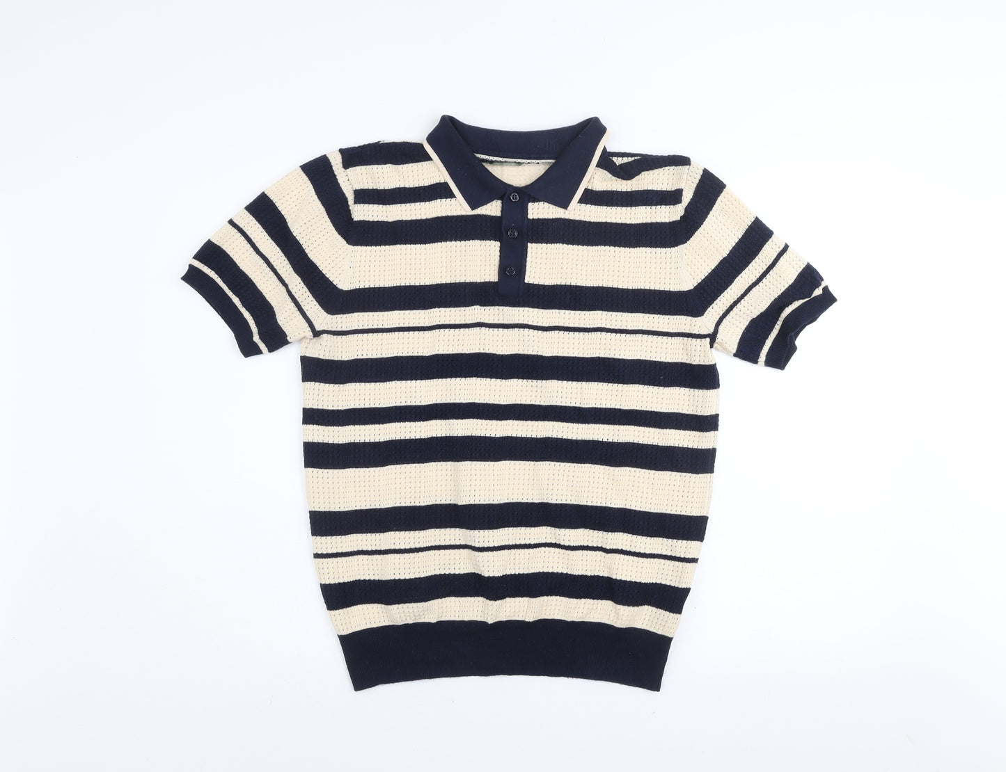 Moncrief London Men's Beige & Navy Striped Knit Polo Shirt Size M