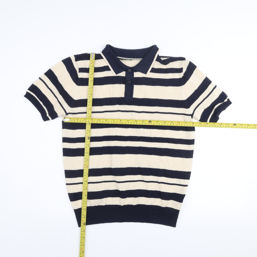Moncrief London Men's Beige & Navy Striped Knit Polo Shirt Size M