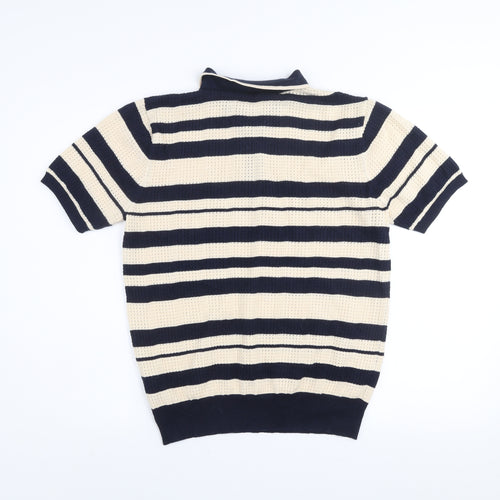 Moncrief London Men's Beige & Navy Striped Knit Polo Shirt Size M