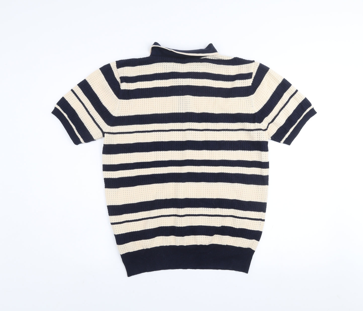 Moncrief London Men's Beige & Navy Striped Knit Polo Shirt Size M
