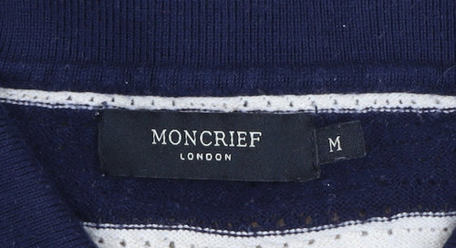 Moncrief London Men's Beige & Navy Striped Knit Polo Shirt Size M