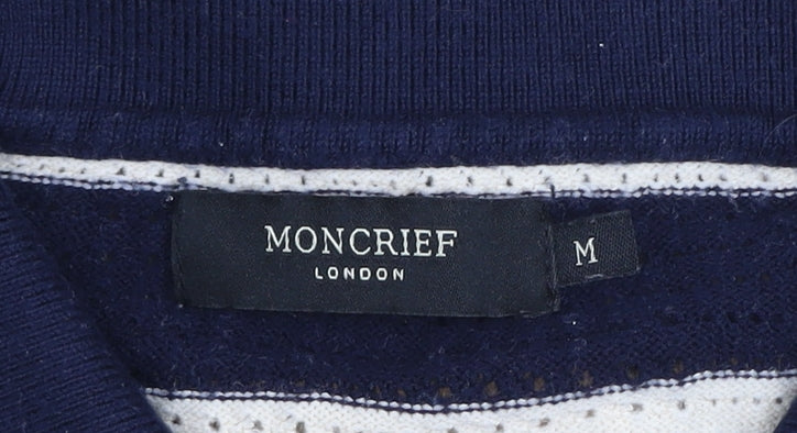 Moncrief London Men's Beige & Navy Striped Knit Polo Shirt Size M