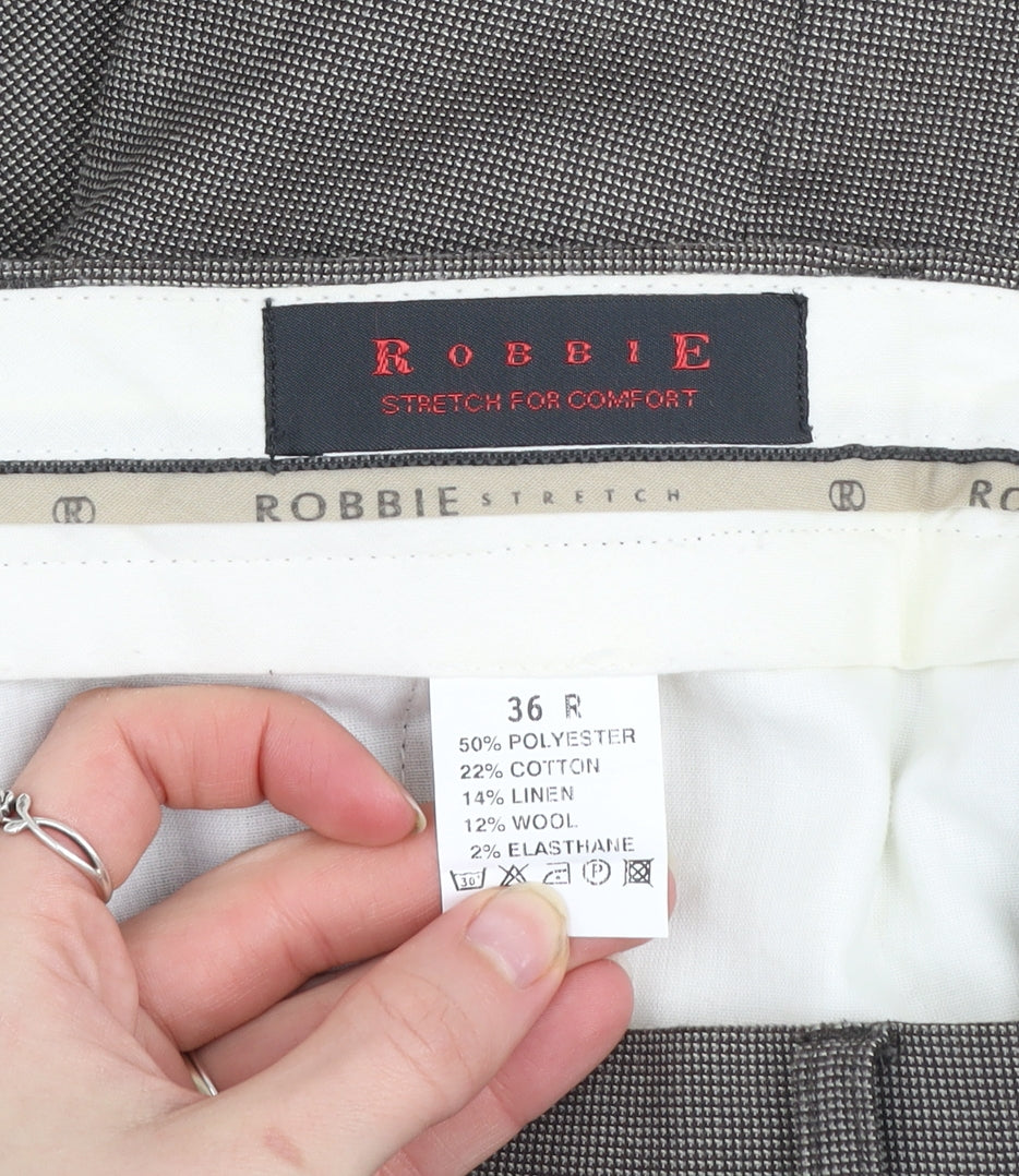 Robbie Men's Grey Check Dress Pants Size 36R Wool Blend Formal Trousers