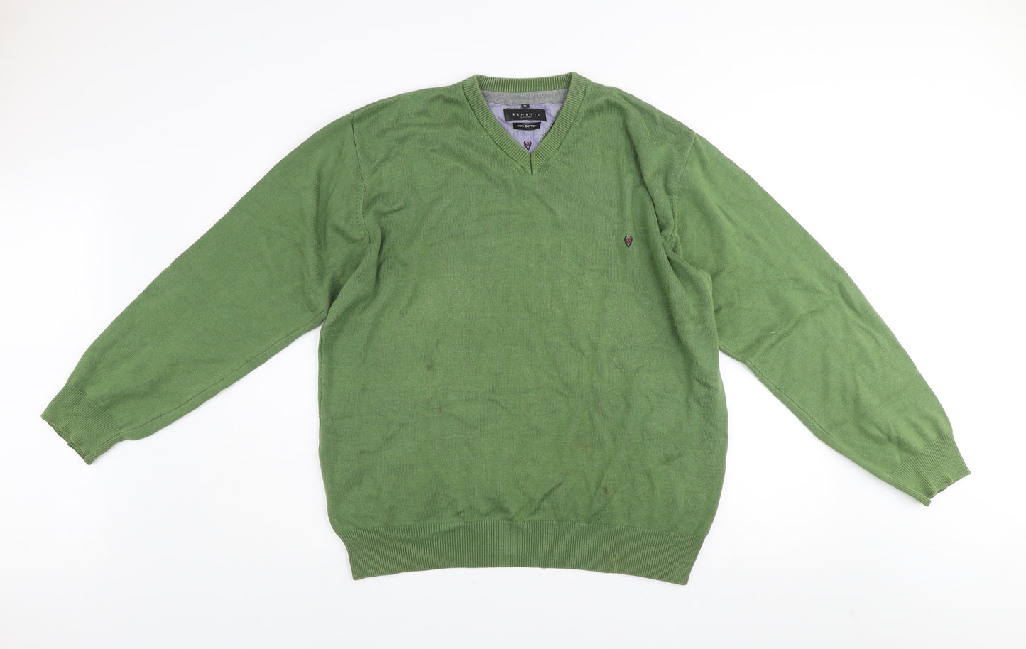 Benetti Green Cotton V-Neck Men’s XL Pullover Jumper