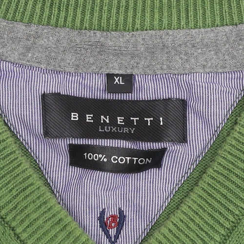 Benetti Green Cotton V-Neck Men’s XL Pullover Jumper