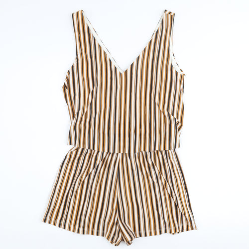 Mango Women’s Beige Brown Striped Sleeveless Playsuit Size 8 V-Neck