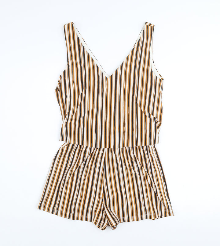 Mango Women’s Beige Brown Striped Sleeveless Playsuit Size 8 V-Neck