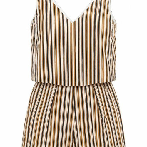 Mango Women’s Beige Brown Striped Sleeveless Playsuit Size 8 V-Neck