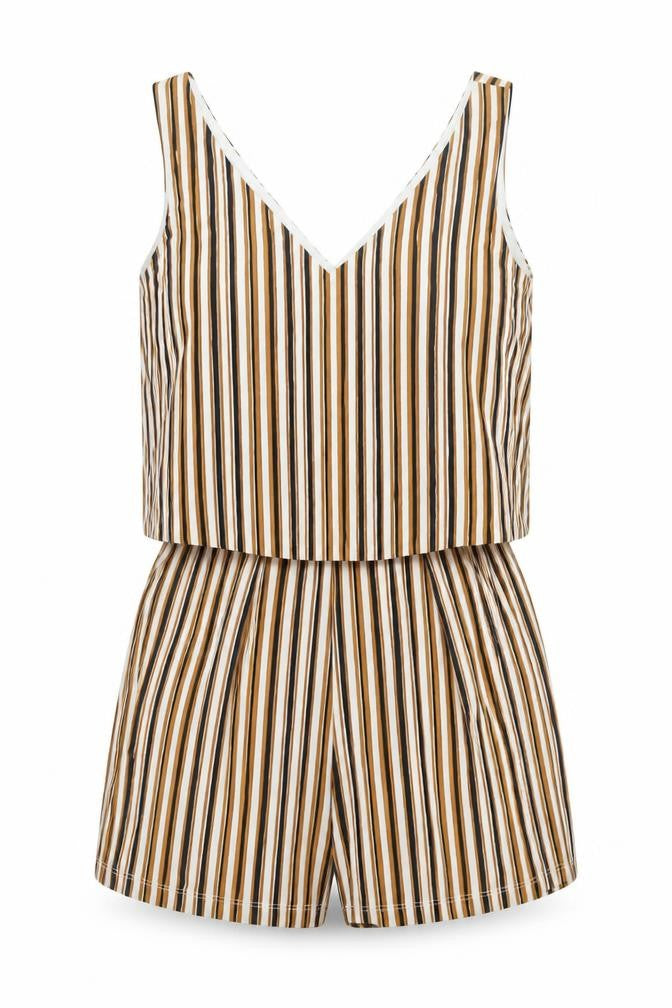 Mango Women’s Beige Brown Striped Sleeveless Playsuit Size 8 V-Neck