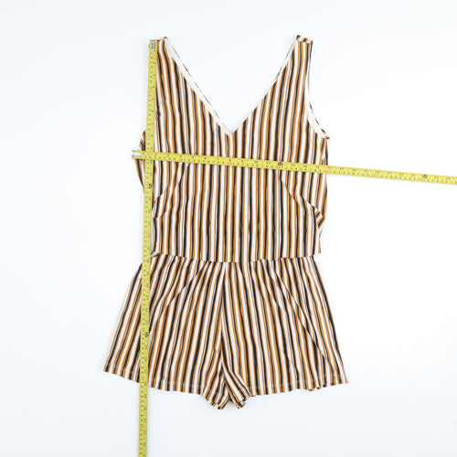 Mango Women’s Beige Brown Striped Sleeveless Playsuit Size 8 V-Neck