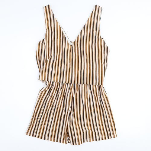 Mango Women’s Beige Brown Striped Sleeveless Playsuit Size 8 V-Neck
