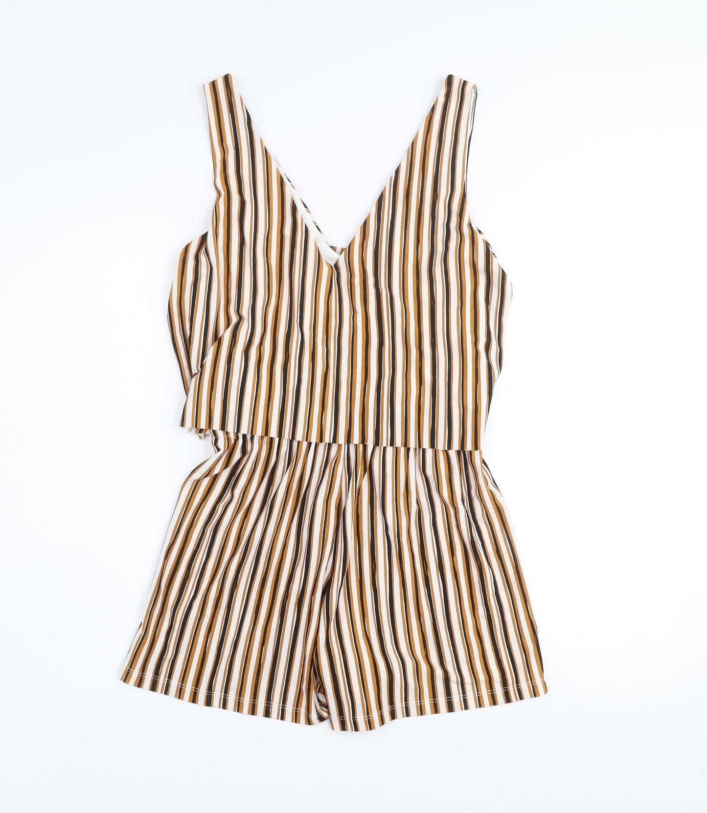 Mango Women’s Beige Brown Striped Sleeveless Playsuit Size 8 V-Neck