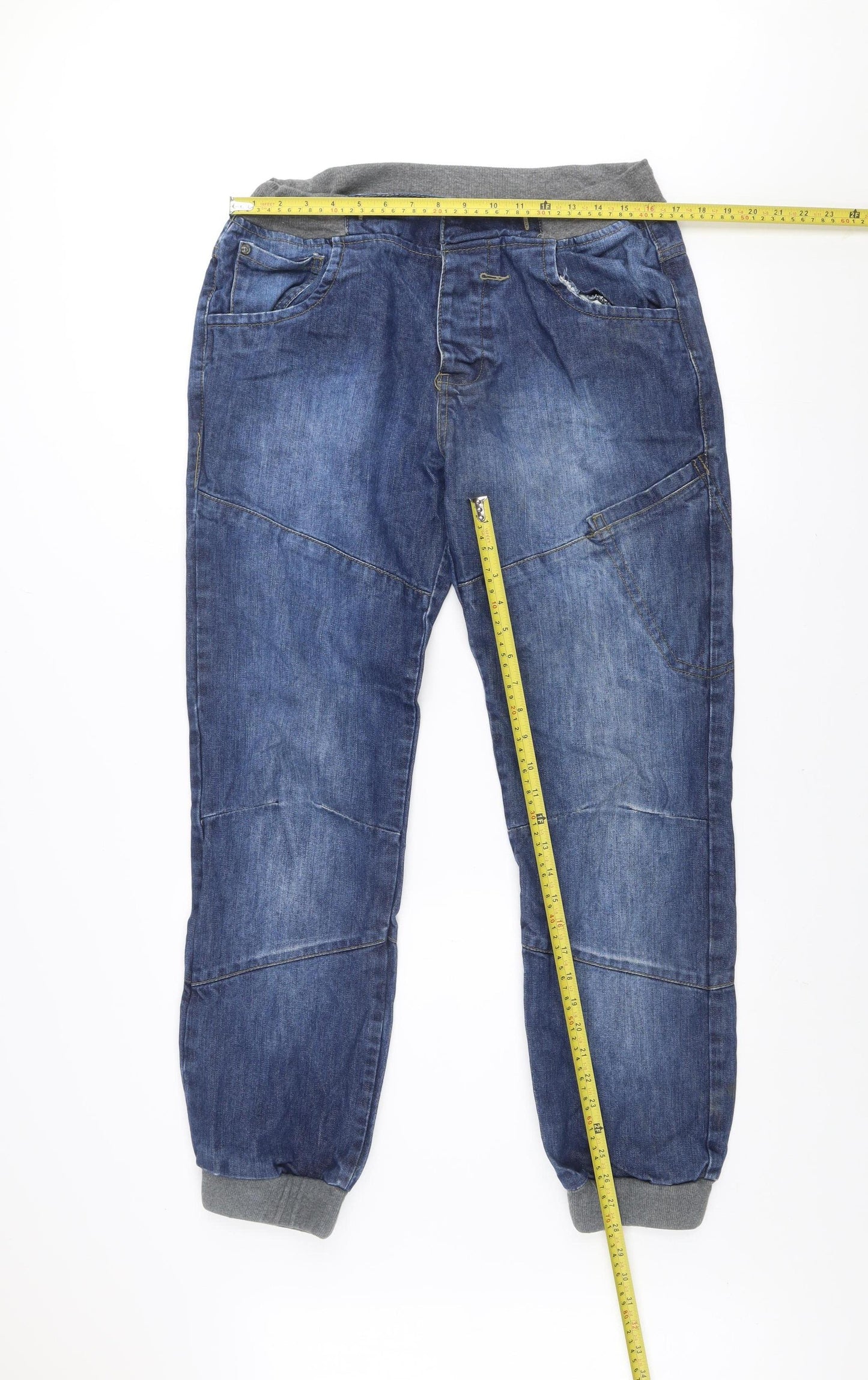 True Wisdom Men's Blue Denim Tapered Jeans 34x32 Elastic Waist