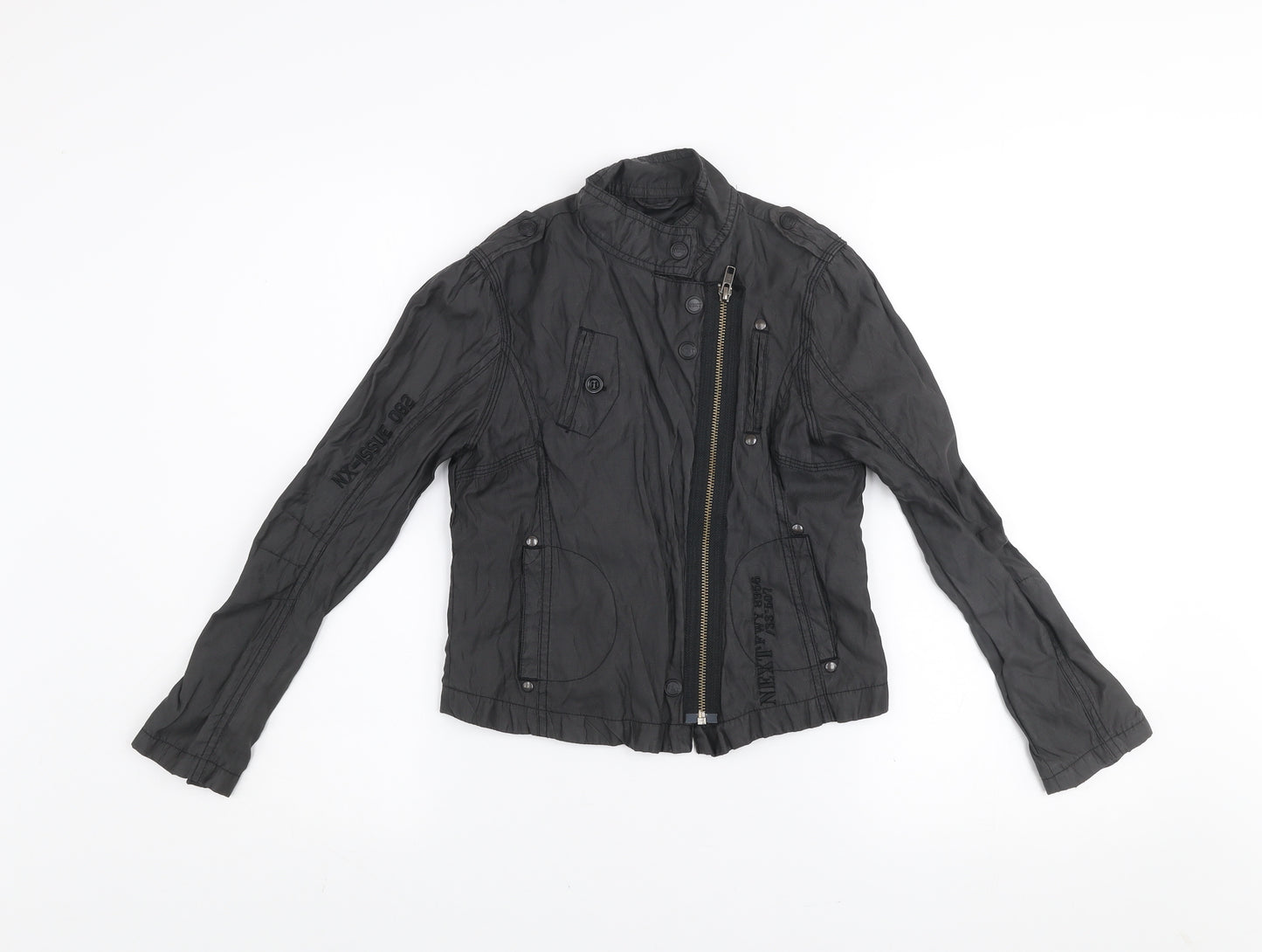 Next Girls Black Biker Jacket 9-10 Years Belted Full Zip Lined Stylish Outerwear