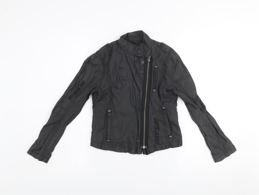 Next Girls Black Biker Jacket 9-10 Years Belted Full Zip Lined Stylish Outerwear