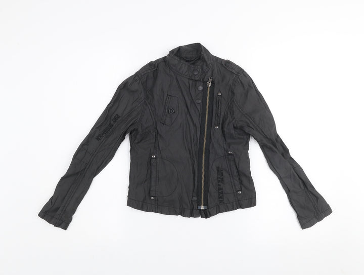 Next Girls Black Biker Jacket 9-10 Years Belted Full Zip Lined Stylish Outerwear