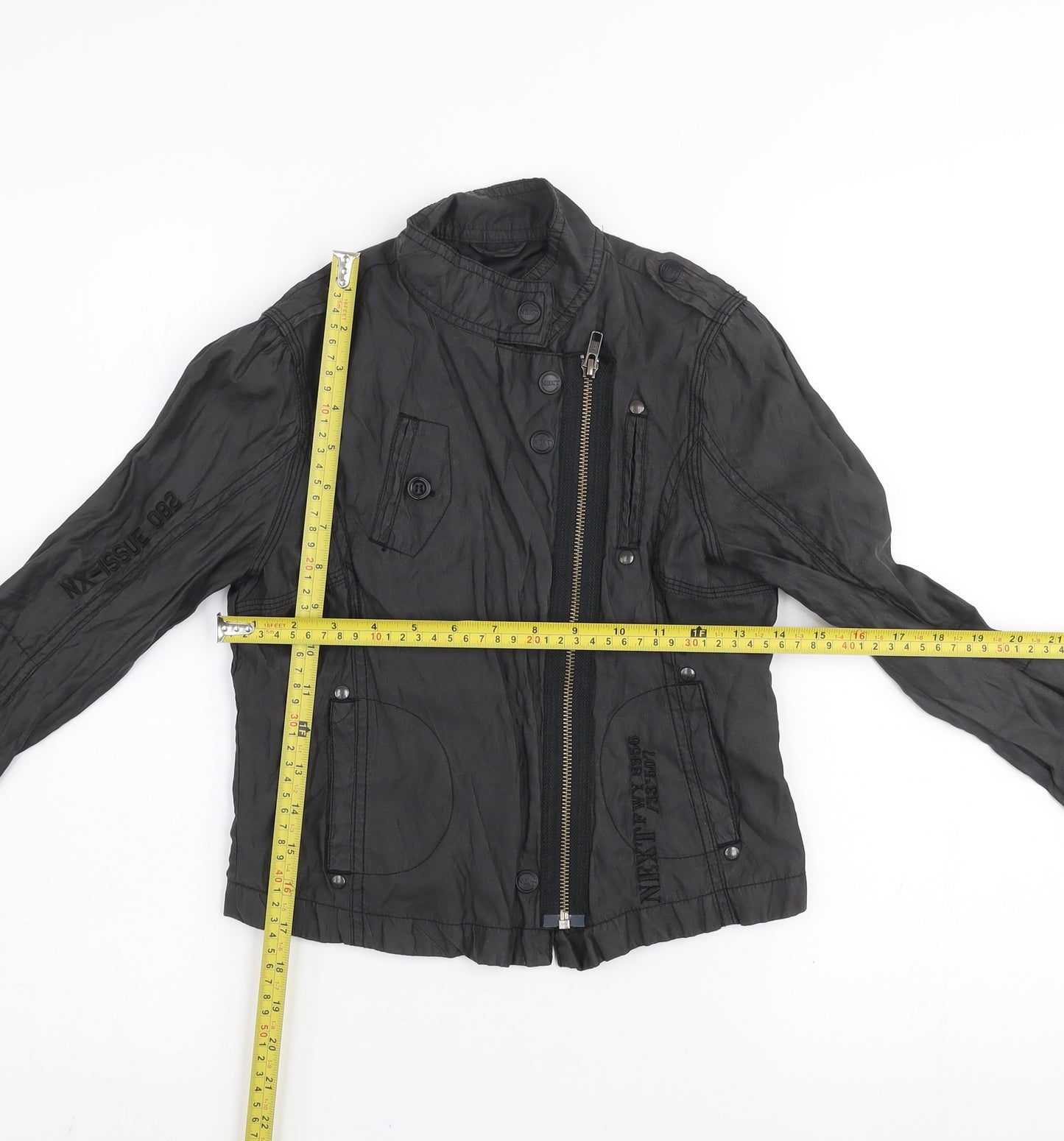 Next Girls Black Biker Jacket 9-10 Years Belted Full Zip Lined Stylish Outerwear