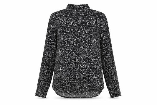 Front view of Vero Moda women’s black animal print long sleeve button-up shirt, size UK 12