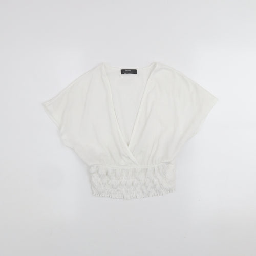 Bershka Women’s White Cropped V-Neck Blouse XS