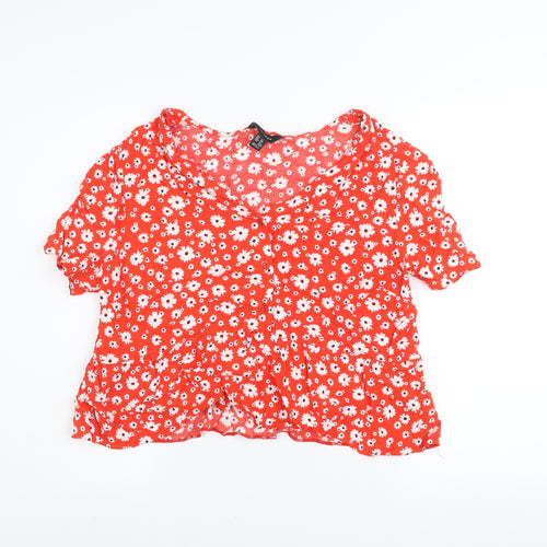 New Look Women Red Floral Cropped V-Neck Blouse UK 16